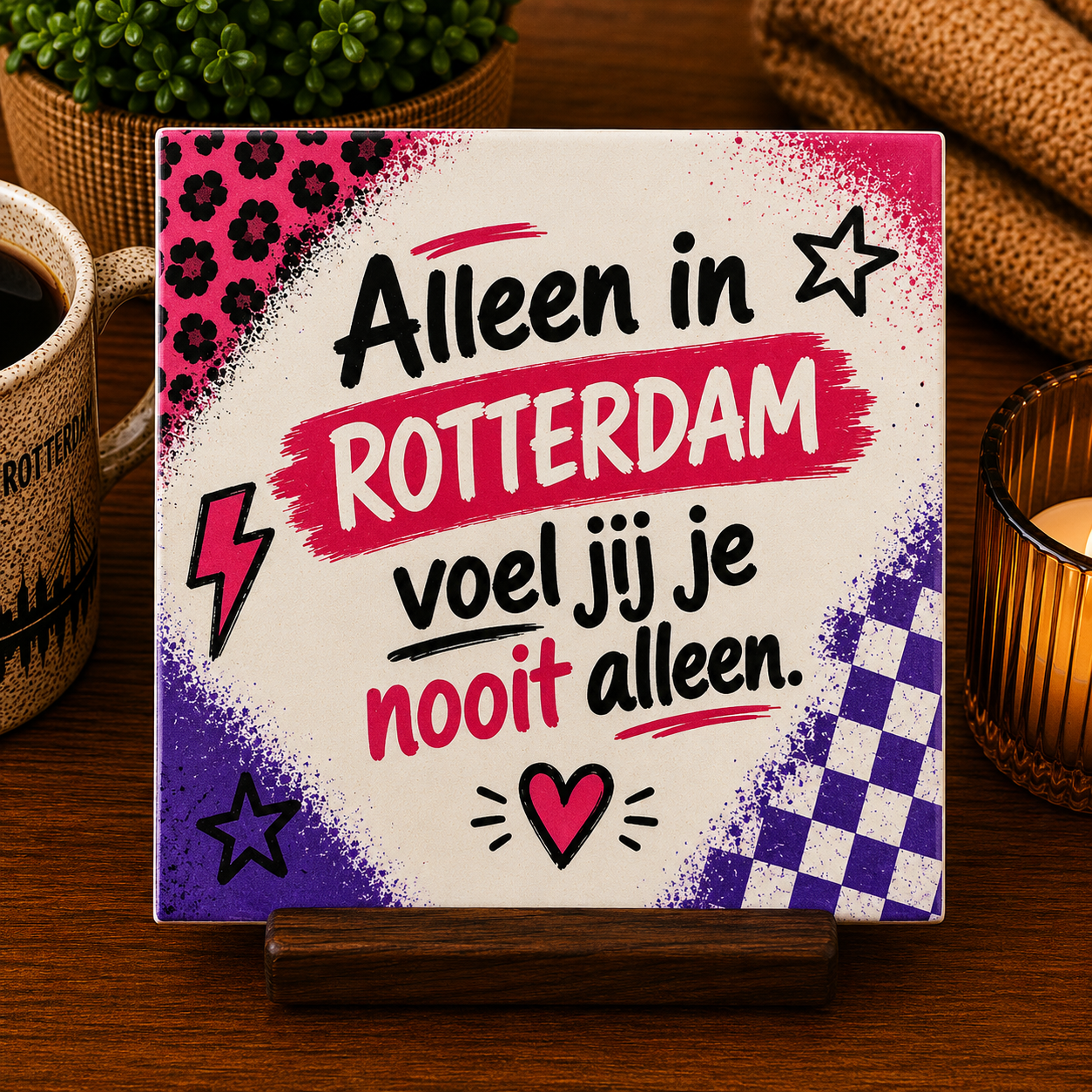 Keramisch 010 Home Club tegeltje met tekst Alleen in Rotterdam voel jij je nooit alleen