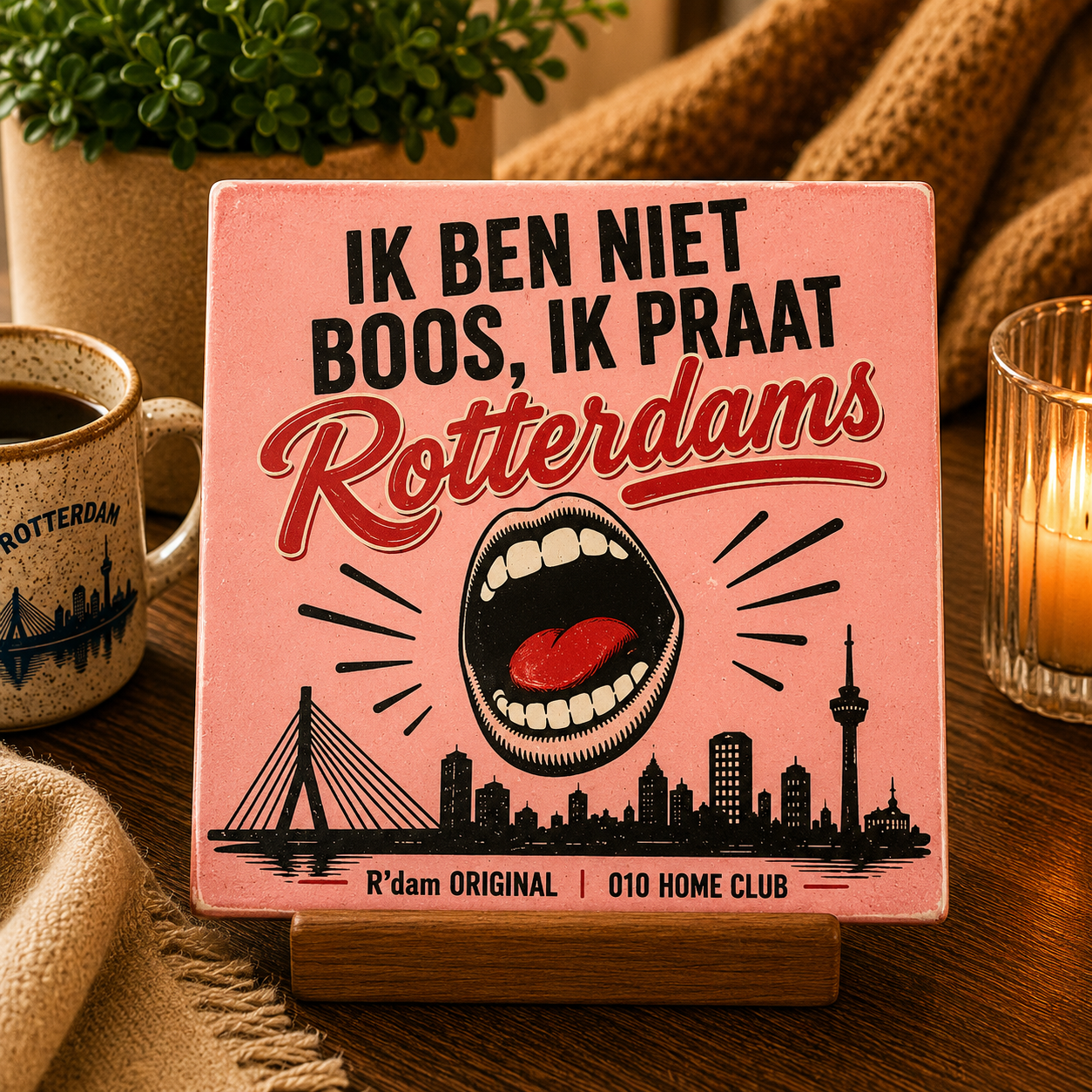 Keramisch 010 Home Club tegeltje met tekst Ik ben niet boos ik praat Rotterdams