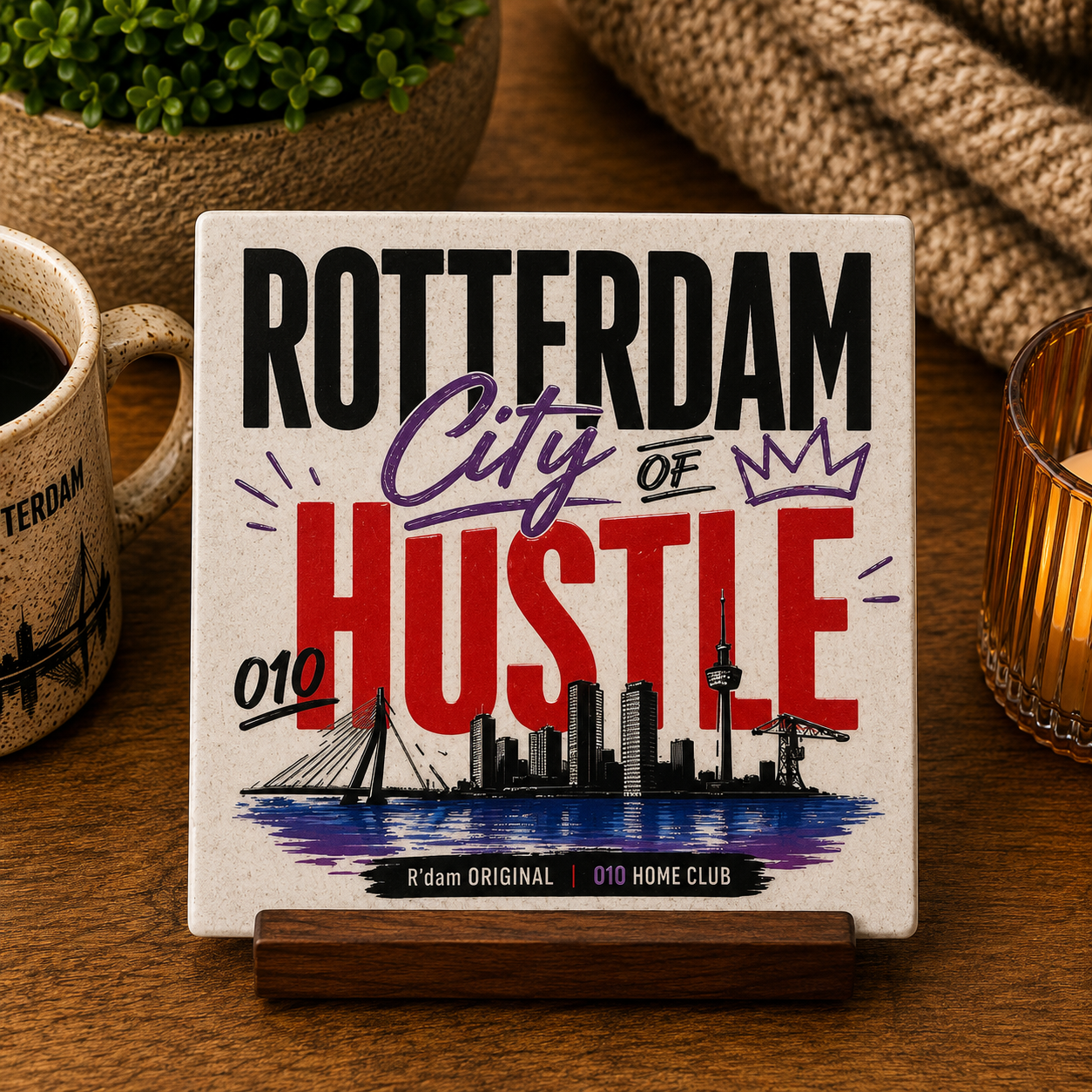 Keramisch 010 Home Club tegeltje met tekst Rotterdam City of Hustle