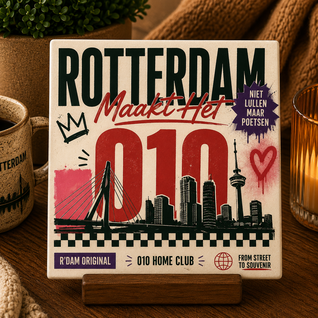 Keramisch 010 Home Club tegeltje met tekst Rotterdam maakt het 010