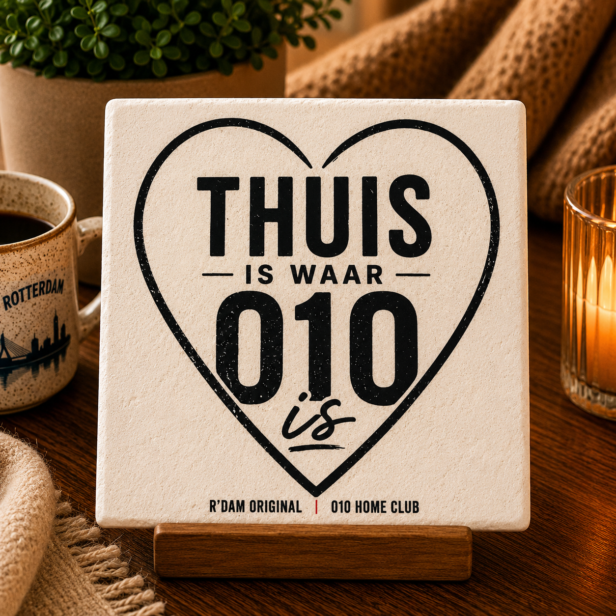Keramisch 010 Home Club tegeltje met tekst Thuis is waar 010 is
