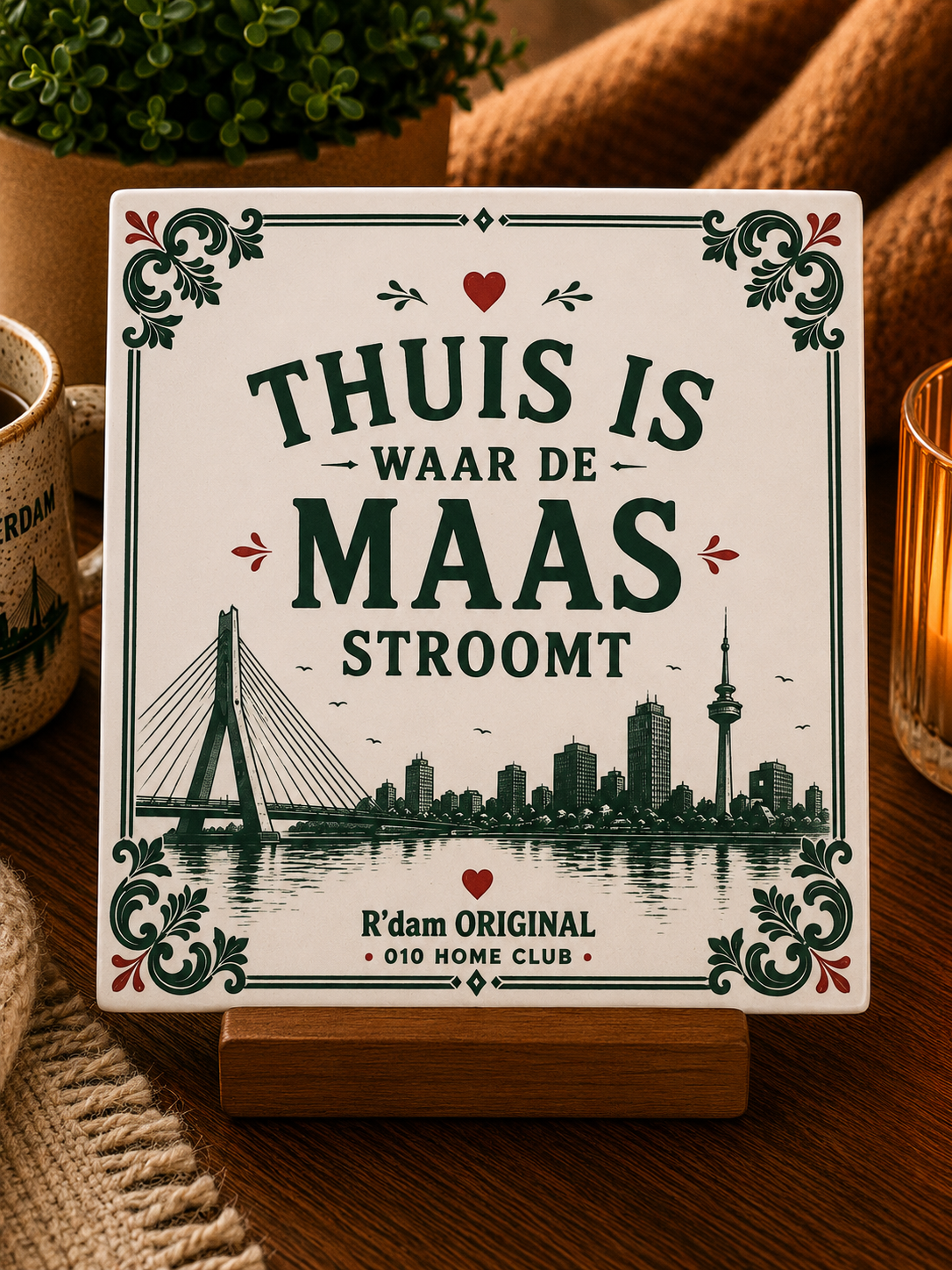 Keramisch 010 Home Club tegeltje met tekst Thuis is waar de Maas stroomt