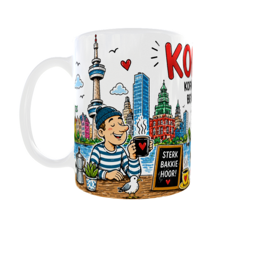 Keramische Rotterdam mok met Erasmusbrug watertaxi skyline en koffietekst
