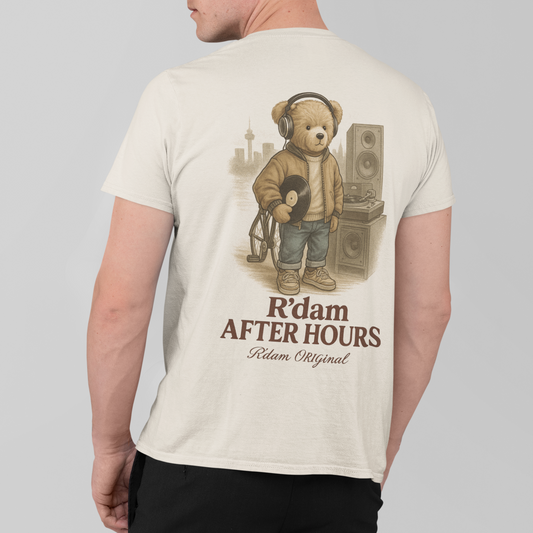R’dam After Hours T-shirt – achterzijde met DJ beer op fiets en vinyl