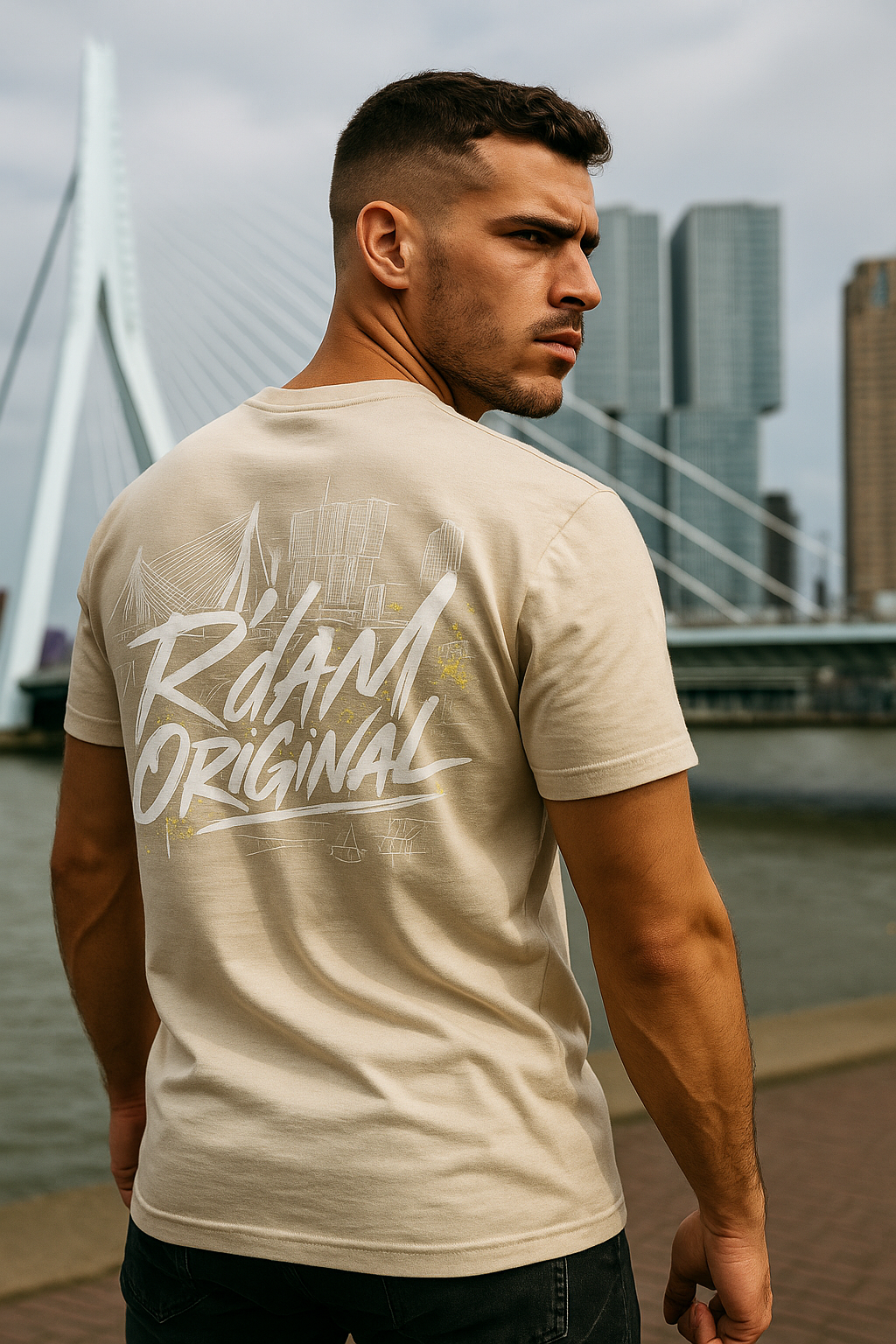 R’dam Original T-shirt met graffiti logo en Rotterdam skyline op de rug, zwart shirt met witte print, 200 g katoen