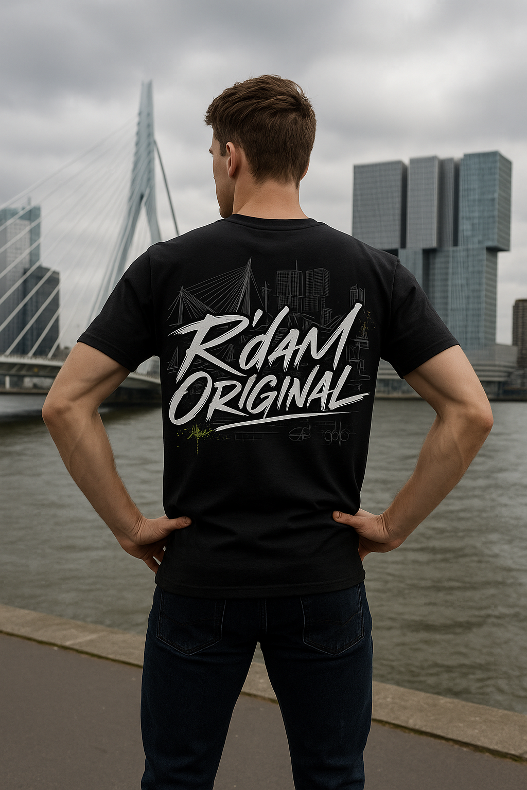 R’dam Original T-shirt met graffiti logo en Rotterdam skyline op de rug, zwart shirt met witte print, 200 g katoen