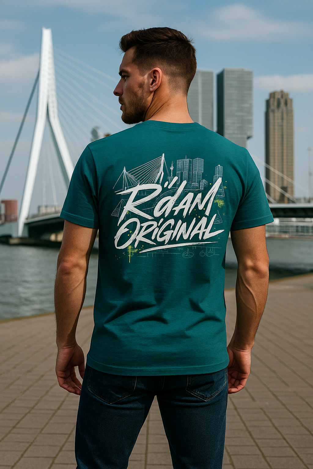 R’dam Original T-shirt met graffiti logo en Rotterdam skyline op de rug, zwart shirt met witte print, 200 g katoen