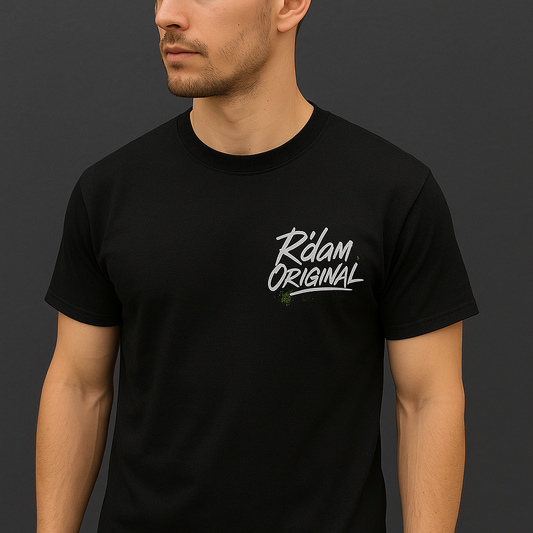 R’dam Original T-shirt met graffiti logo en Rotterdam skyline op de rug, zwart shirt met witte print, 200 g katoen