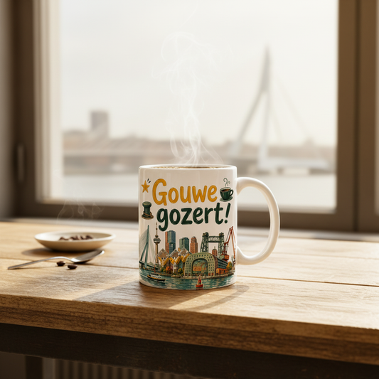 Gouwe Gozert mok op houten tafel in Rotterdam café