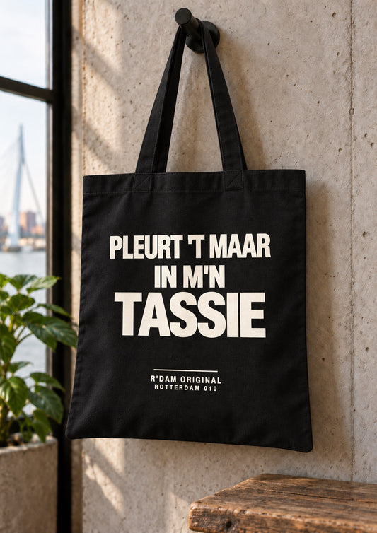 Linnen tassie Pleurt 't maar in m'n tassie - zwart