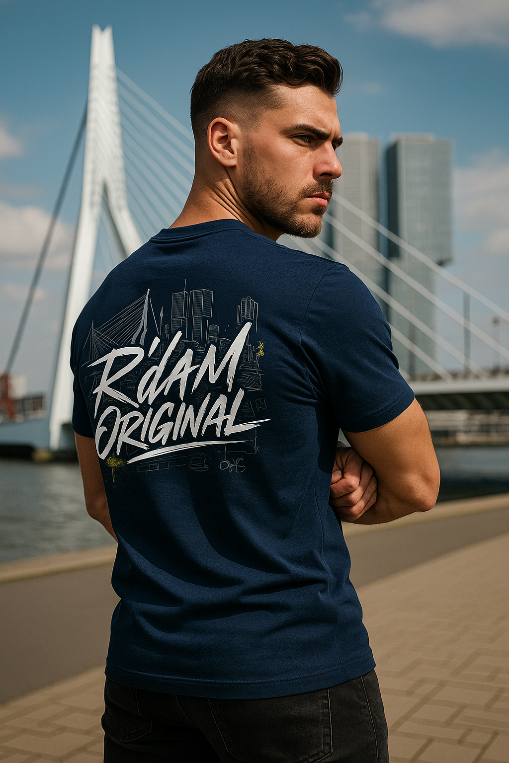 R’dam Original T-shirt met graffiti logo en Rotterdam skyline op de rug, zwart shirt met witte print, 200 g katoen