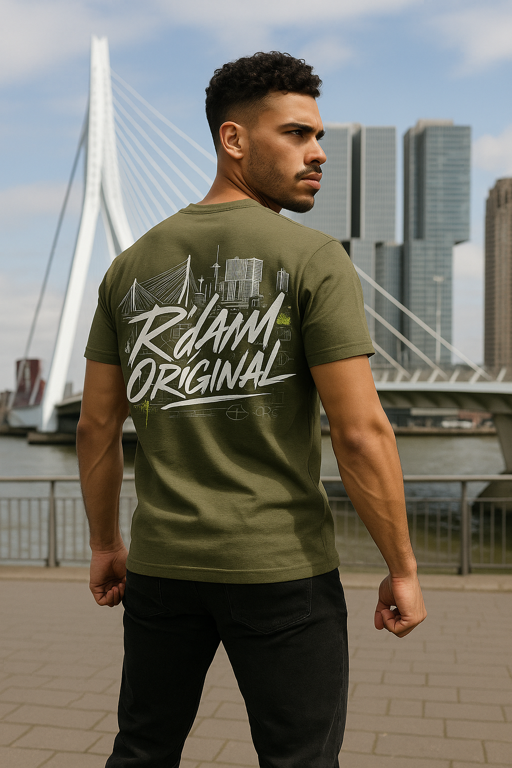 R’dam Original T-shirt met graffiti logo en Rotterdam skyline op de rug, zwart shirt met witte print, 200 g katoen