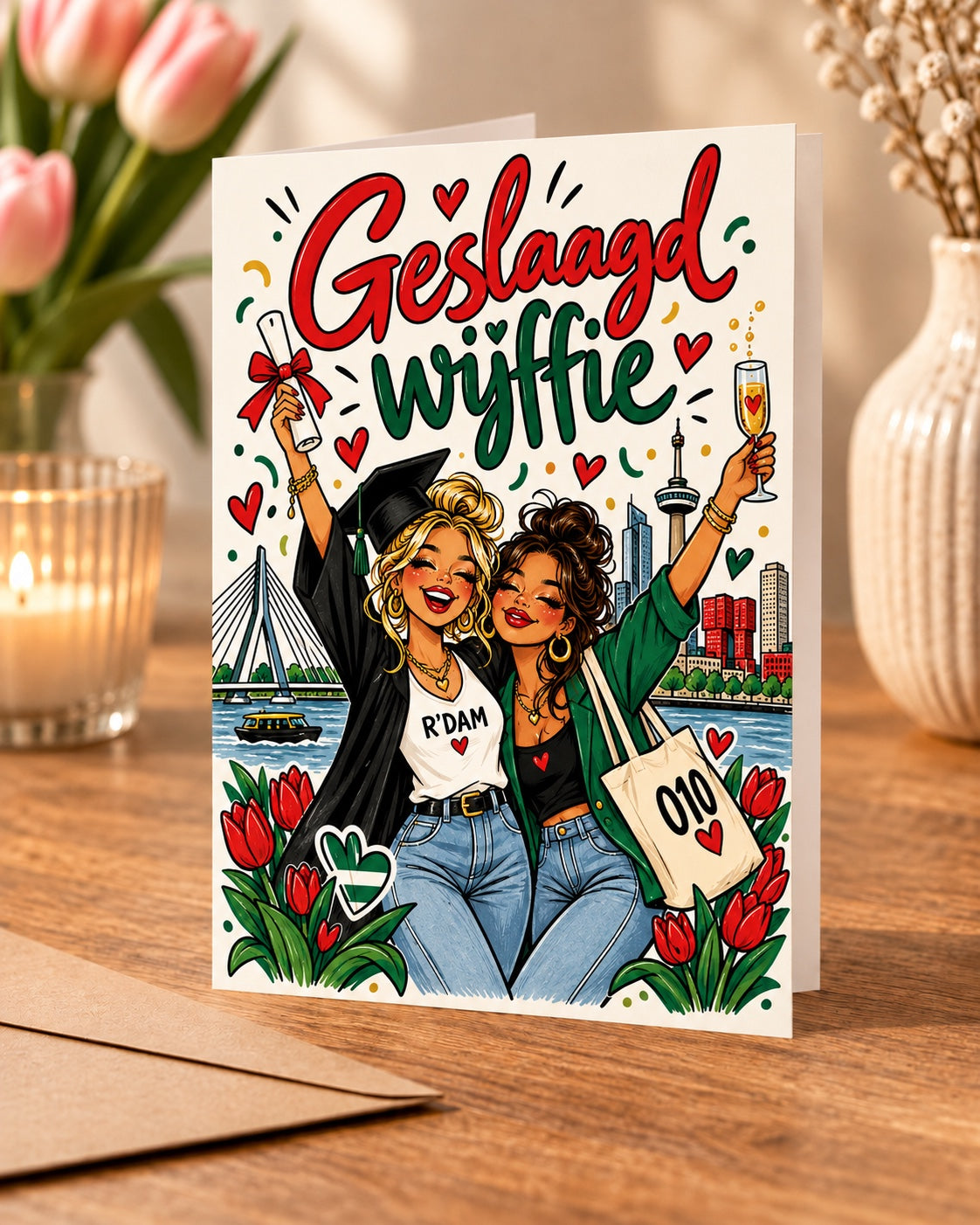 010 Wijffies Club Geslaagd, wijffie! – A6 staande dubbele wenskaart, mock-up op houten tafel