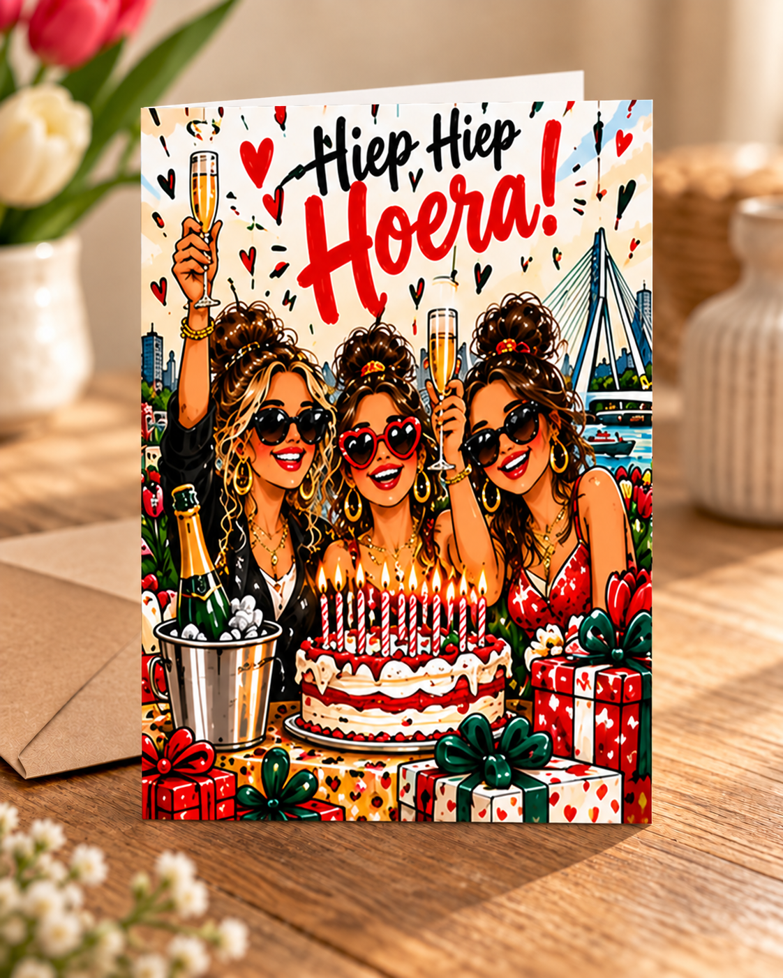 Staande A6-wenskaart Hiep hiep hoera! uit 010 Wijffies Club op sfeervolle productmock-up
