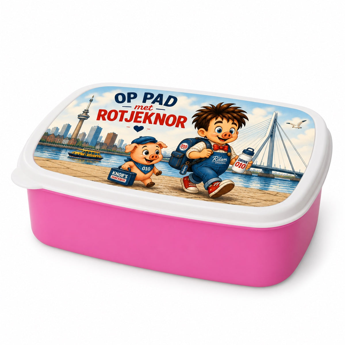 Roze Rotjeknor broodtrommel met Op pad met Rotjeknor ontwerp