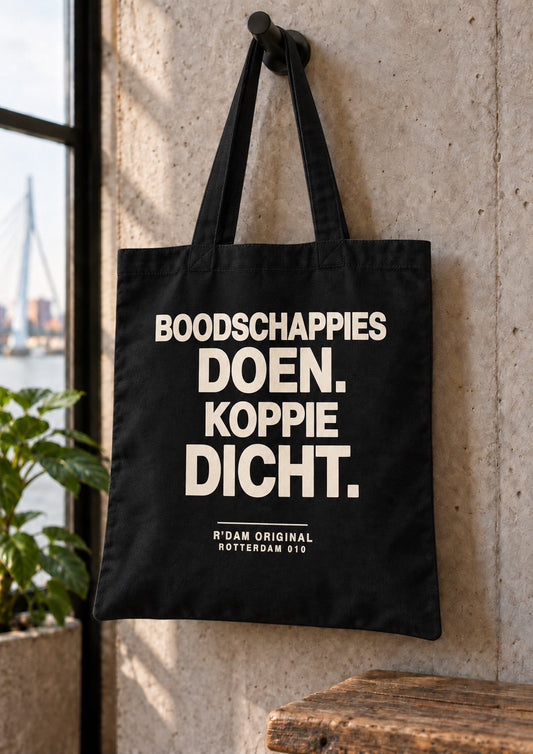 Linnen tassie Boodschappies doen koppie dicht - zwart