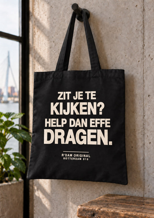 Linnen tassie Zit je te kijken help dan effe dragen - zwart