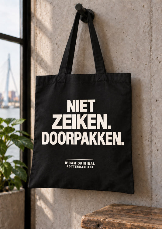 Linnen tassie Niet zeiken doorpakken - zwart