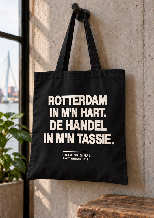 Linnen tassie Rotterdam in mijn hart de handel in mijn tassie - zwart
