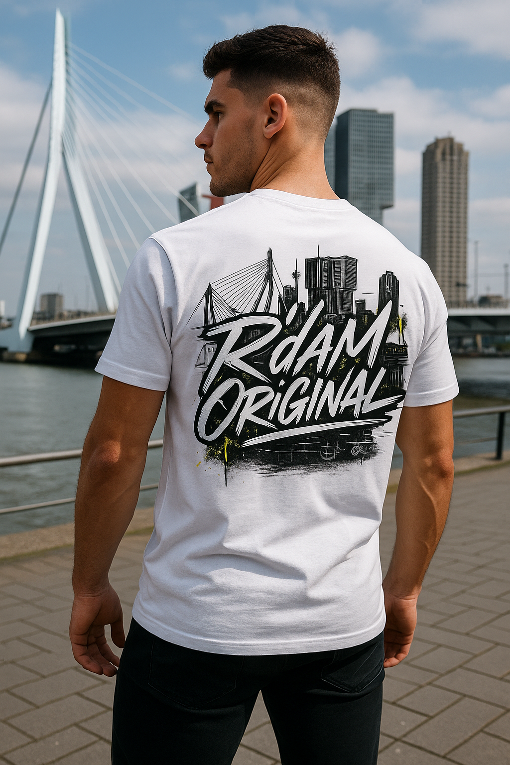R’dam Original T-shirt met graffiti logo en Rotterdam skyline op de rug, zwart shirt met witte print, 200 g katoen