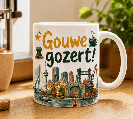Witte 010 Bakkies Club mok met kleurrijk Rotterdam-design Gouwe gozert!