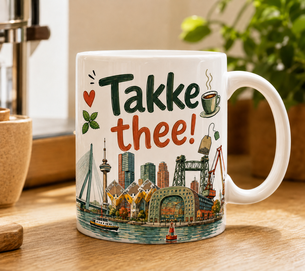 Witte 010 Bakkies Club mok met kleurrijk Rotterdam-design Takke thee!