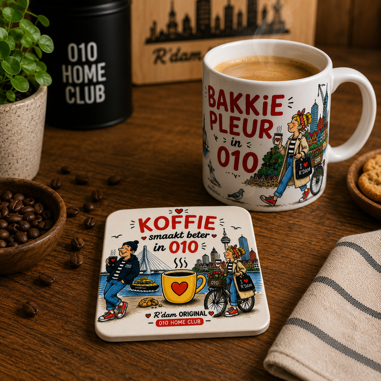 Bont Rotterdam onderzetter met koffiekop, skyline, watertaxi en 010 details