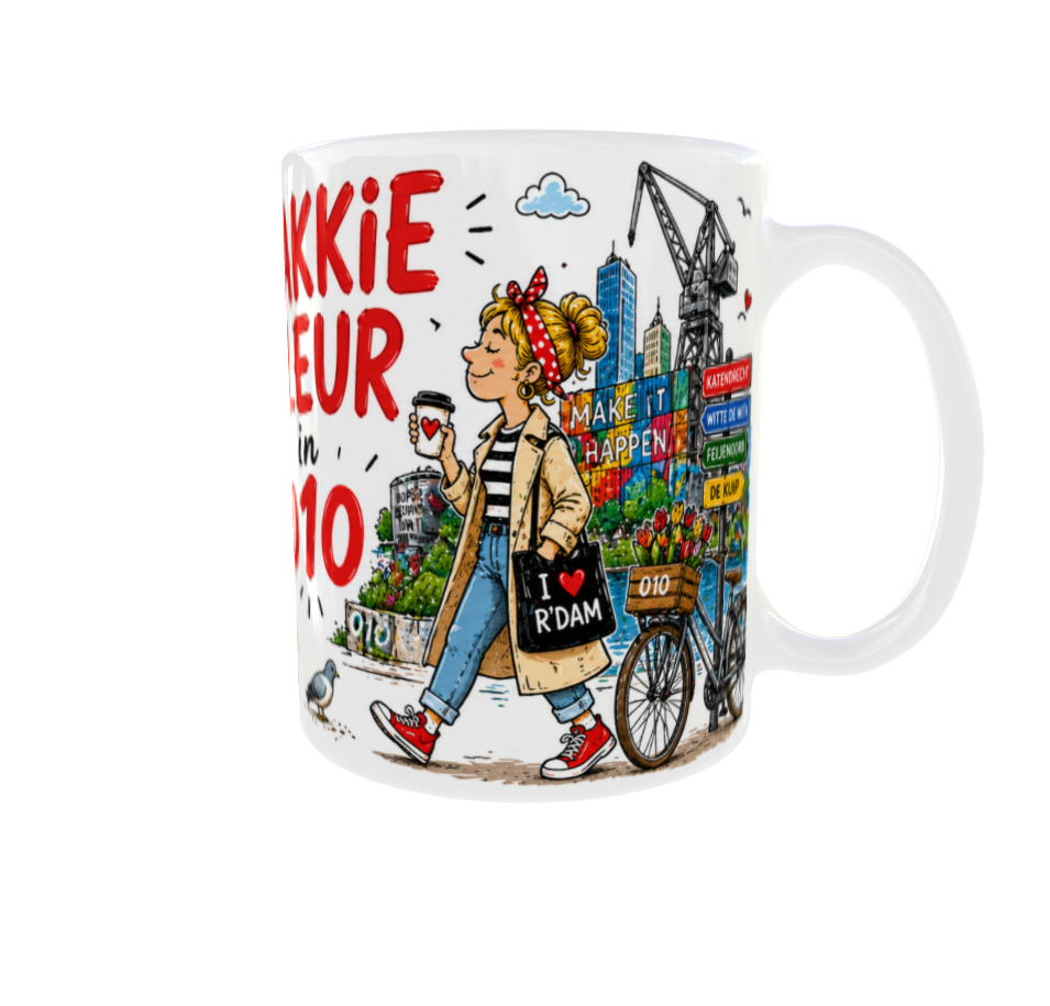 Detail van 11oz mok met Erasmusbrug Euromast watertaxi en 010 details