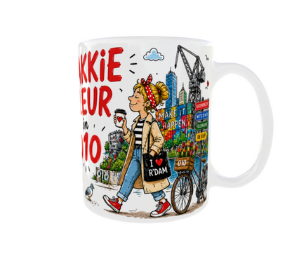 Detail van 11oz mok met Erasmusbrug Euromast watertaxi en 010 details