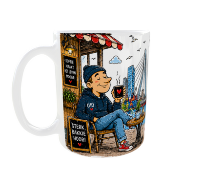 Detail van 11oz mok met Erasmusbrug Euromast watertaxi en koffiequote