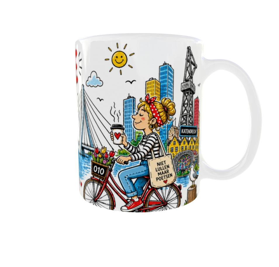 Detail van 11oz mok met Euromast koffiekop en Bont Rotterdam illustratie