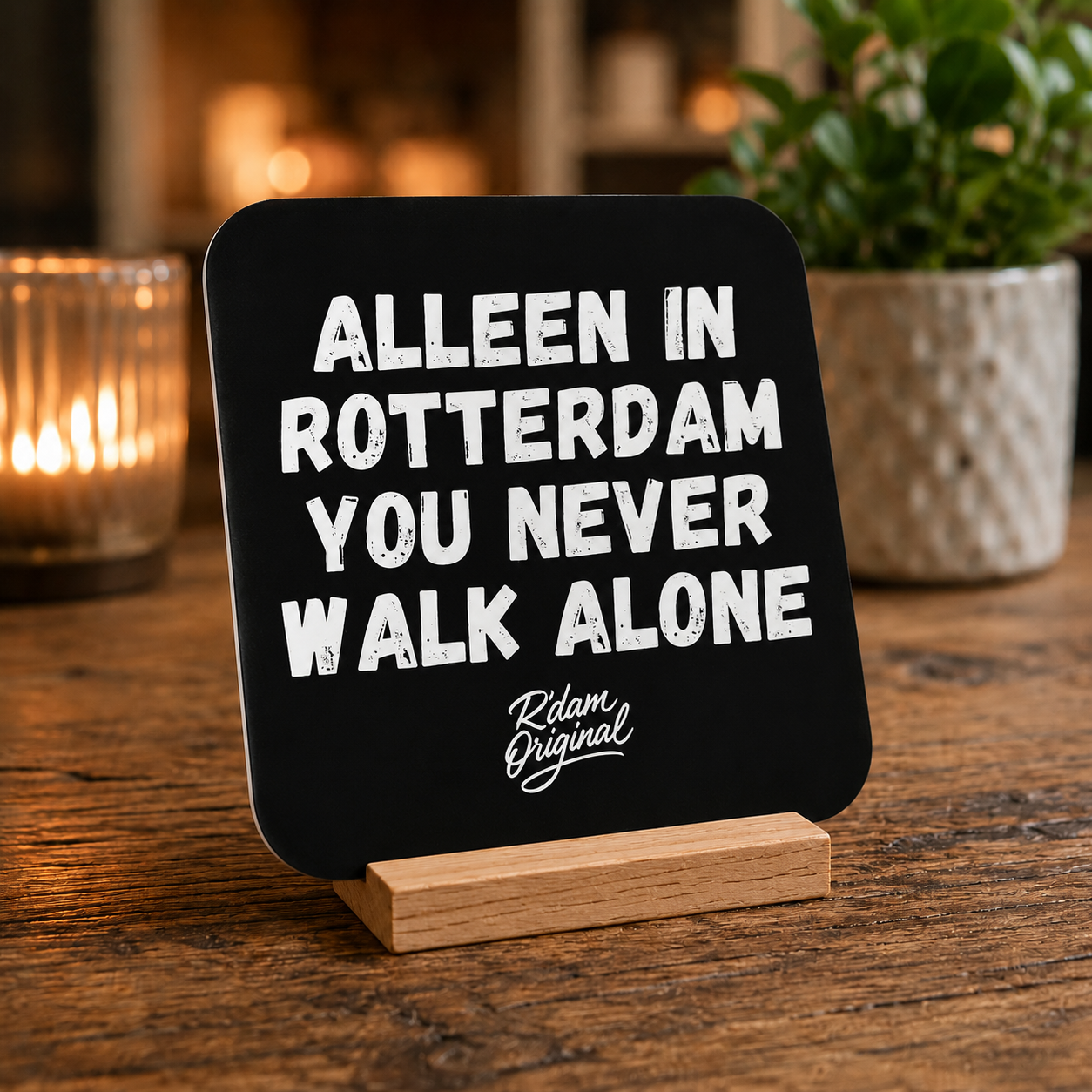 Houten R’dam ORIGINAL onderzetter met tekst Alleen in Rotterdam you never walk alone
