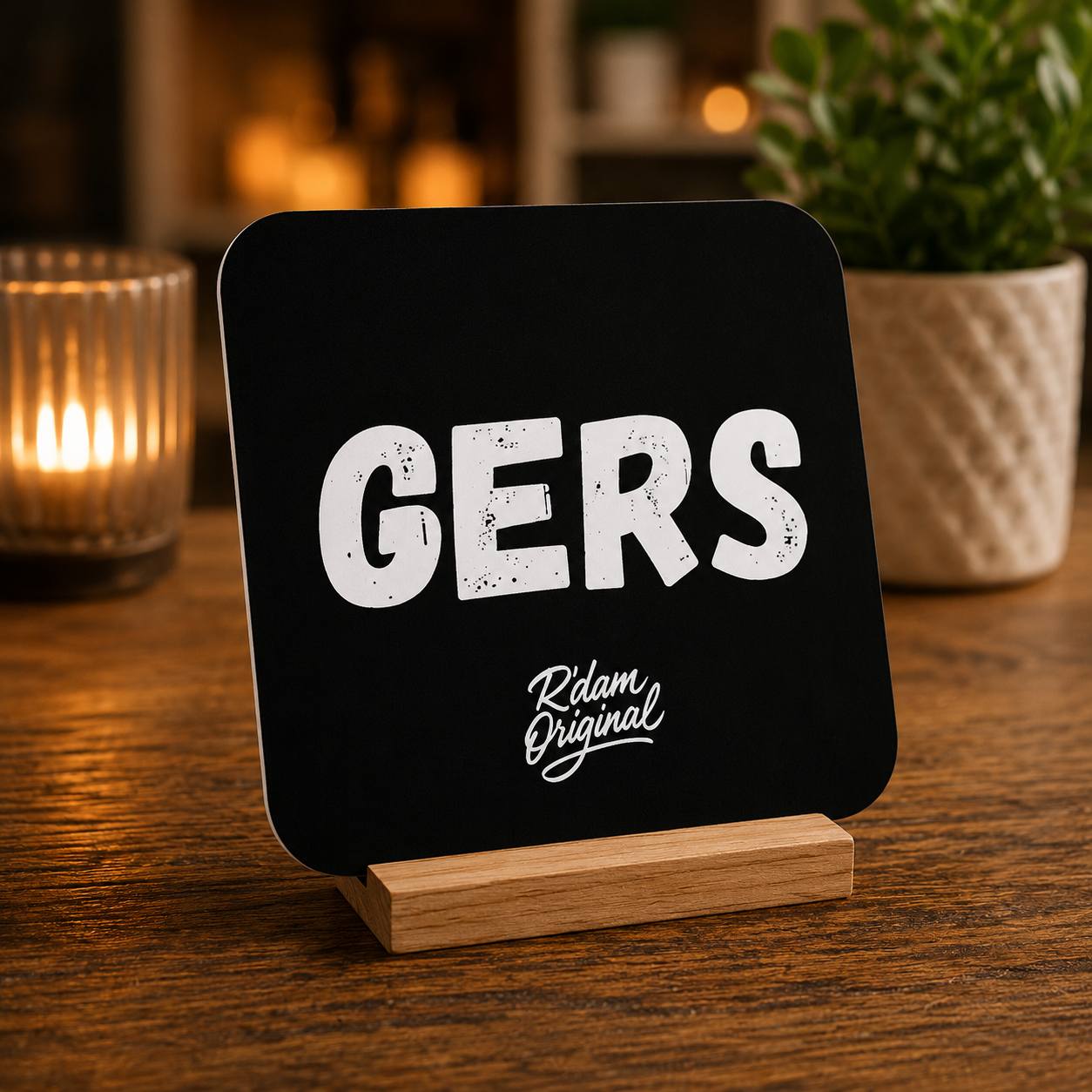 Houten R’dam ORIGINAL onderzetter met tekst Gers