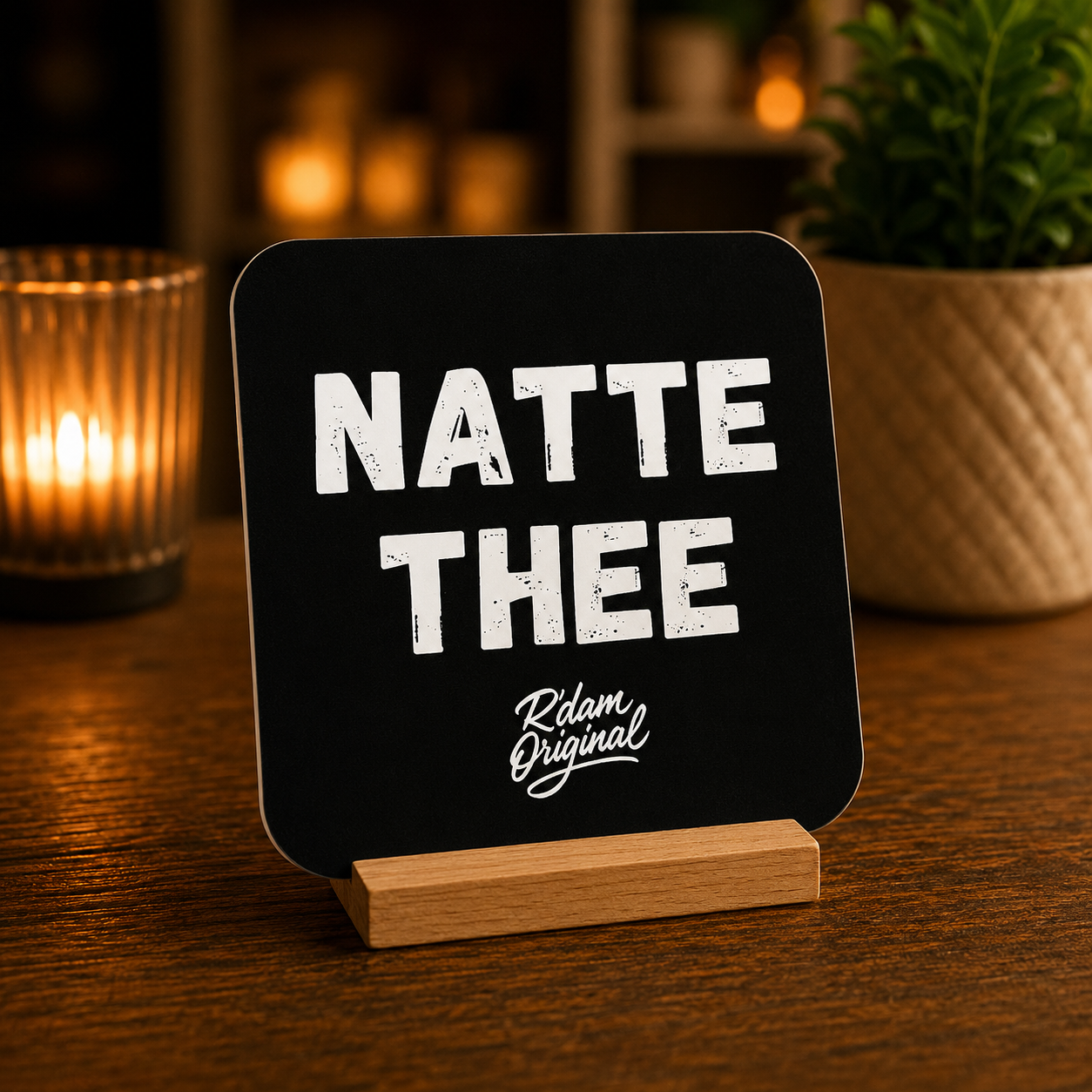 Houten R’dam ORIGINAL onderzetter met tekst Natte Thee