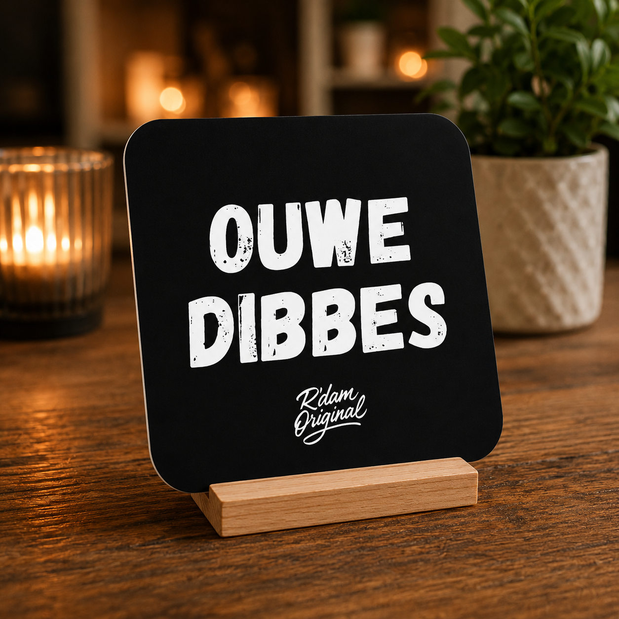 Houten R’dam ORIGINAL onderzetter met tekst Ouwe Dibbes