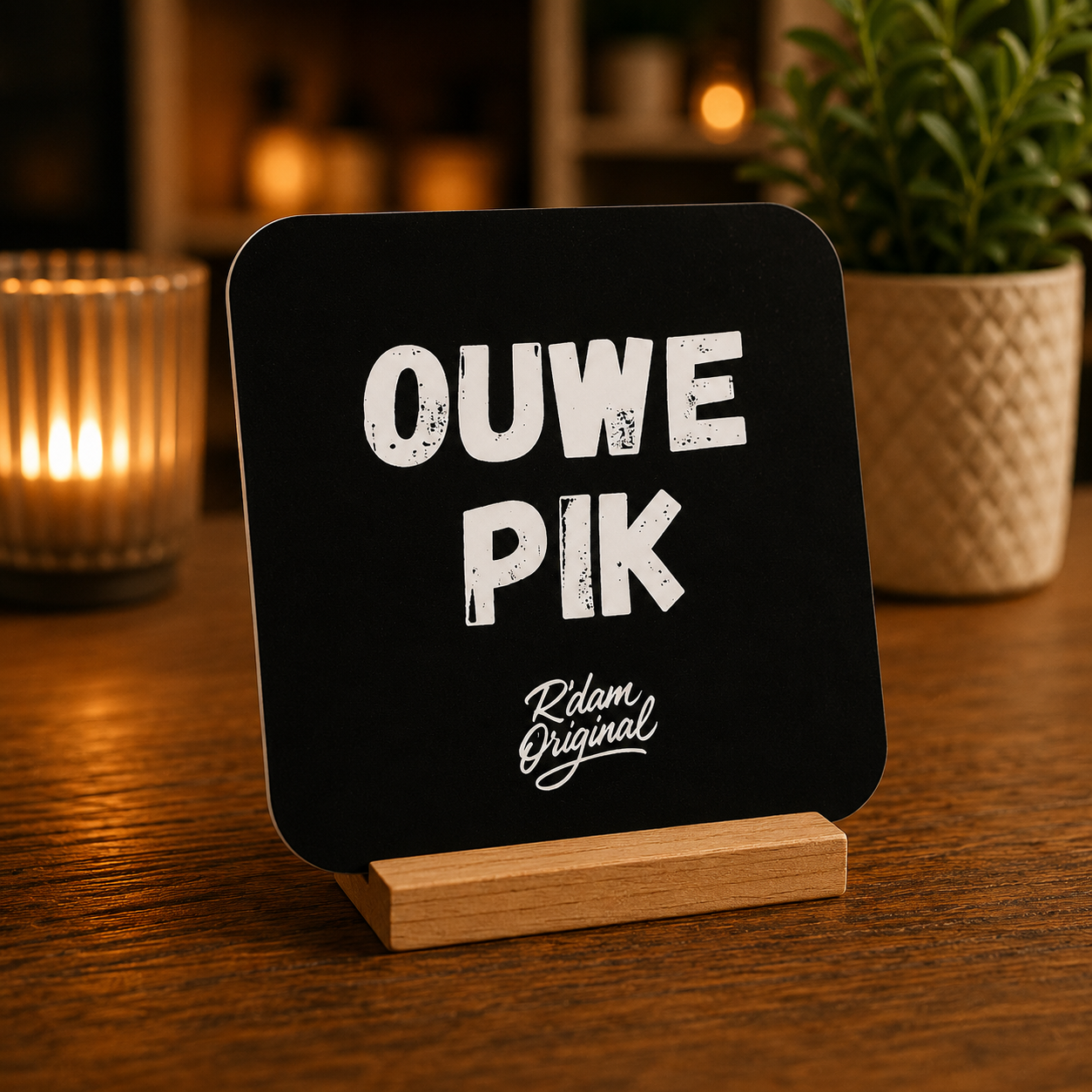 Houten R’dam ORIGINAL onderzetter met tekst Ouwe Pik