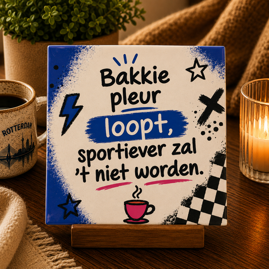 Keramisch 010 Home Club tegeltje met tekst Bakkie pleur loopt sportiever zal het niet worden