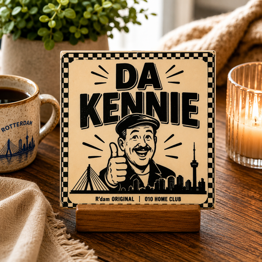 Keramisch 010 Home Club tegeltje met tekst Da Kennie en havenman illustratie