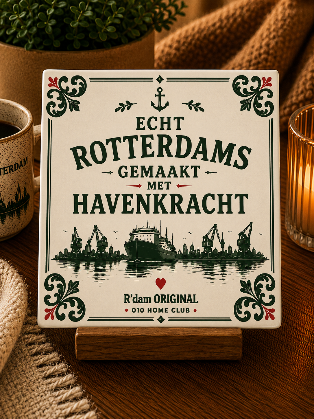 Keramisch 010 Home Club tegeltje met tekst Echt Rotterdams gemaakt met havenkracht