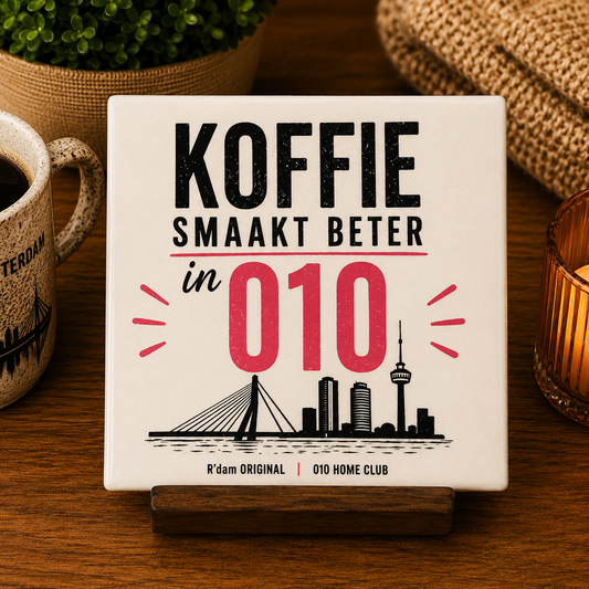 Keramisch 010 Home Club tegeltje met tekst Koffie smaakt beter in 010