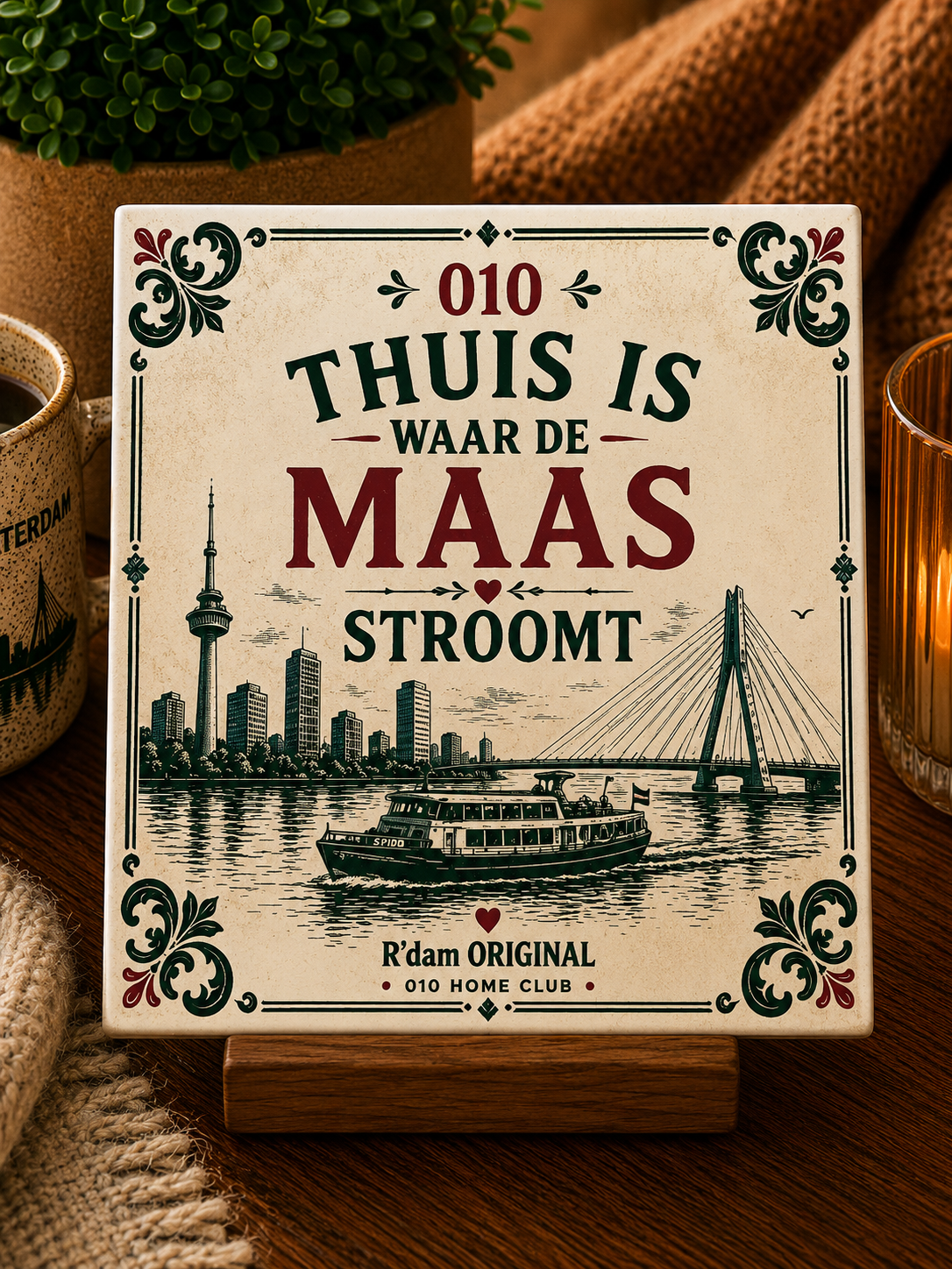 Keramisch 010 Home Club tegeltje met tekst Thuis is waar de Maas stroomt.