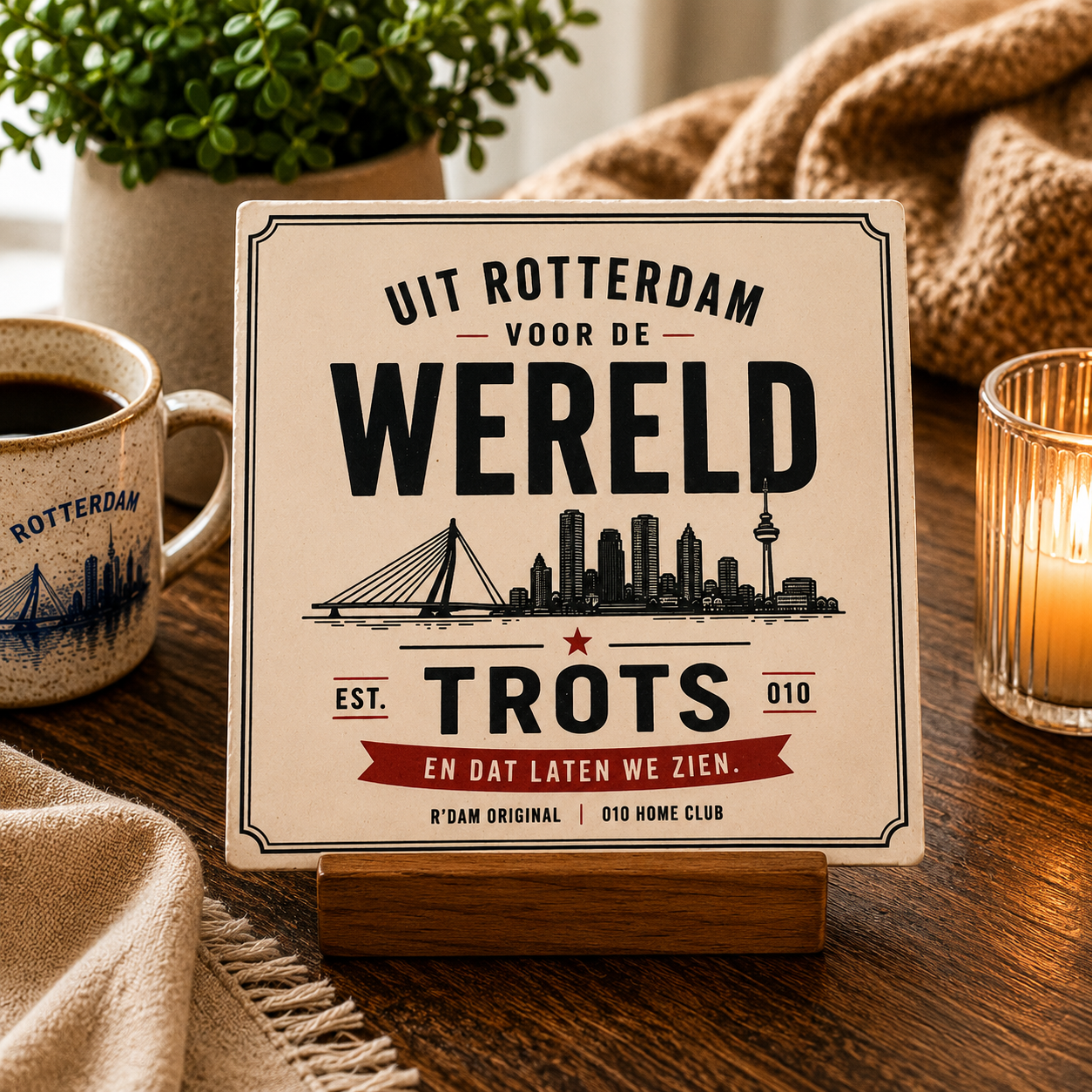 Keramisch 010 Home Club tegeltje met tekst Uit Rotterdam voor de wereld