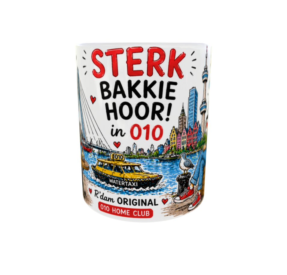 Keramische Rotterdam mok met koffiedrinkende personages en skyline