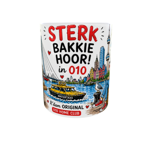 Keramische Rotterdam mok met koffiedrinkende personages en skyline