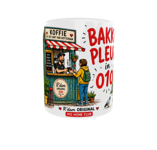 Keramische Rotterdam mok met koffiekraam en Bont Rotterdam illustratie