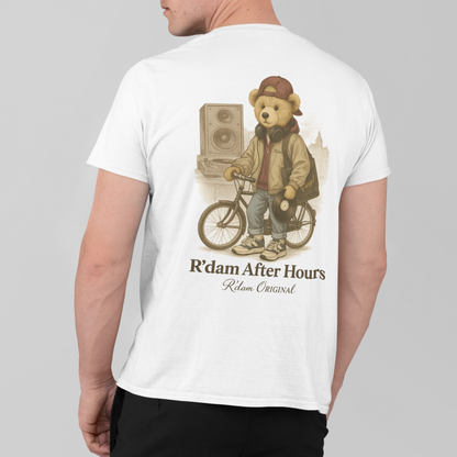 “R’dam After Hours DJ Bear t-shirt in wit met streetwear beer en platenspeler”

