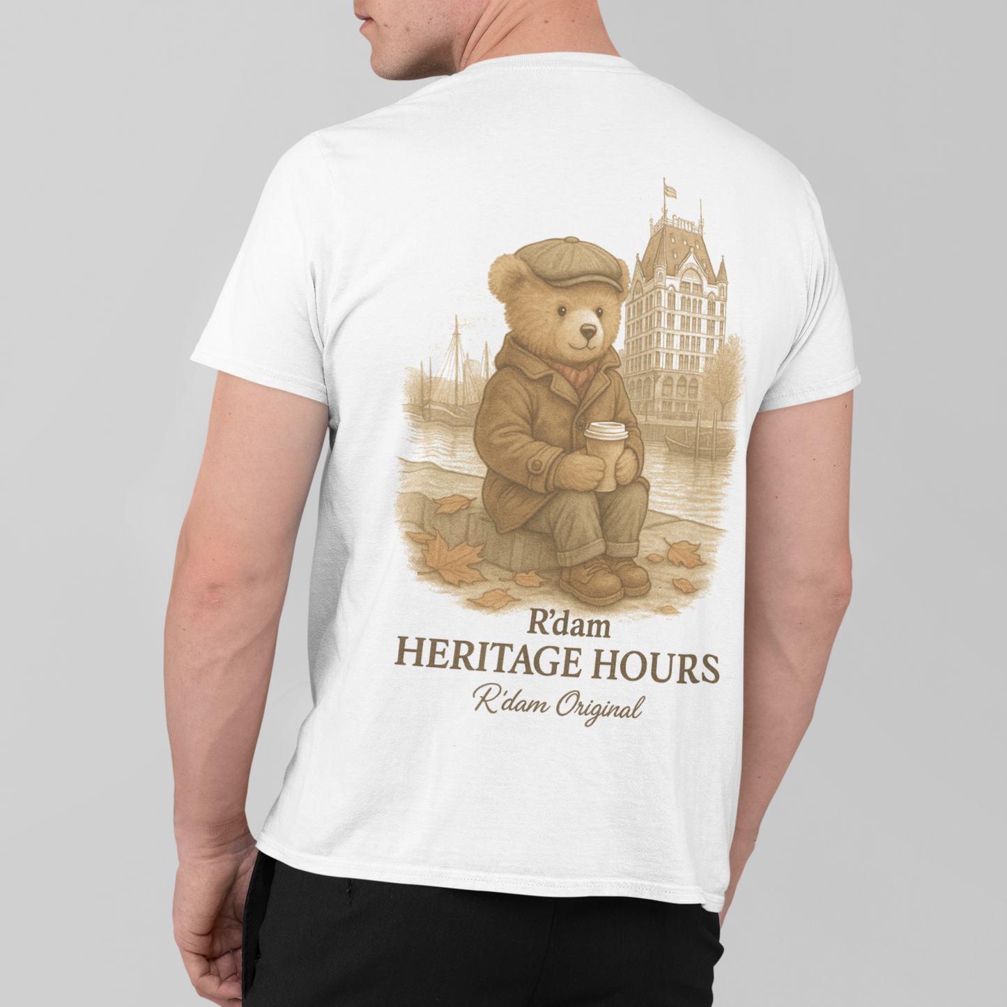 R’dam Heritage Hours T-shirt met teddybeer in trenchcoat, zicht op White House – achterkant