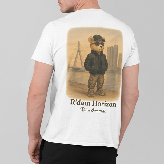 R’dam Horizon T-shirt met teddy in zwarte hoodie en skyline Erasmusbrug – achterkant