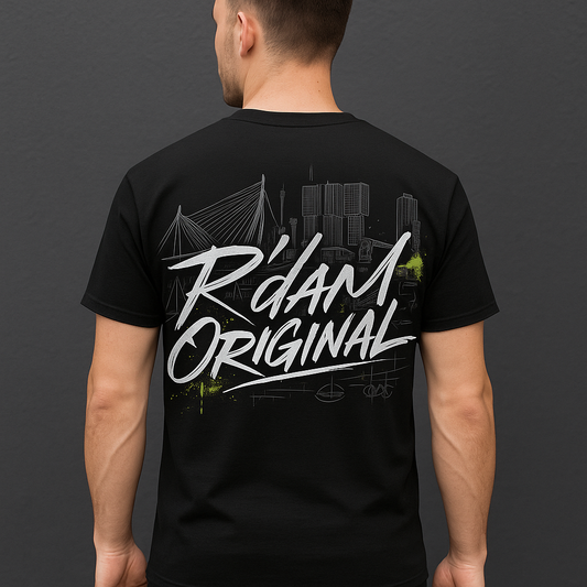 R’dam Original T-shirt met graffiti logo en Rotterdam skyline op de rug, zwart shirt met witte print, 200 g katoen