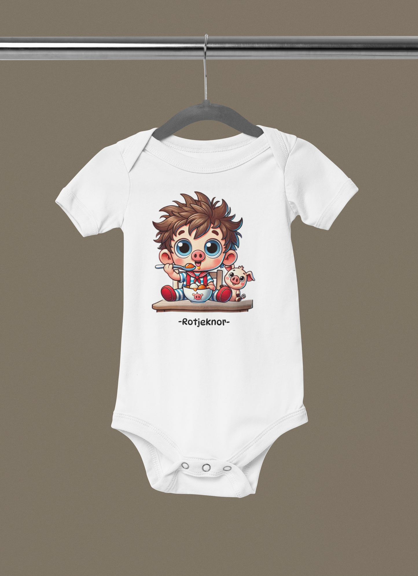  Rotjeknor-rompertje: Rotjeknor aan het eten! wit